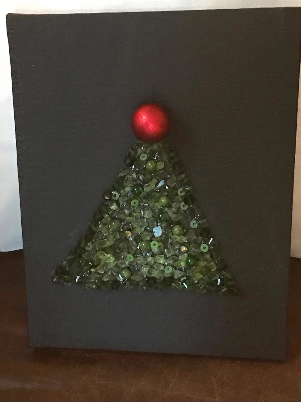 Hand crafted Green Beaded Holiday Tree Canvas with Red Ornament Accent